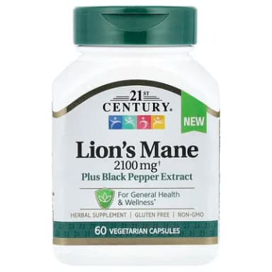 21st Century, Lion's Mane, 2,100 mg, 60 Veg Capsules — מקום 4 ברעמת הארי לריכוז וזיכרון