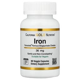 California Gold Nutrition, Ferrochel Iron (Bisglycinate), 36 mg, 90 Capsules specs - Top 5 Gentle Iron Supplements