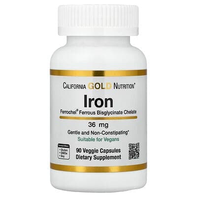 California Gold Nutrition, Ferrochel Iron (Bisglycinate), 36 mg, 90 Capsules