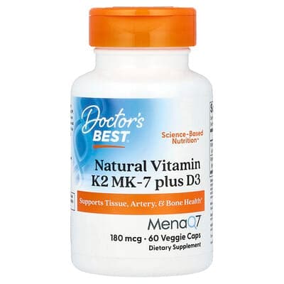 Doctor's Best, Natural Vitamin K2 MK-7 plus D3, 180 mcg, 60 Veggie Caps - Ranked #5 Vitamin D3 + K2 Supplements